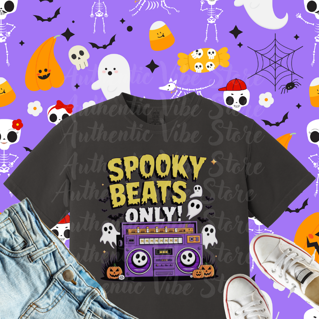 Spooky Beats Only T-Shirt, Halloween Graphic Tee, Retro Boombox Shirt, Ghosts and Pumpkins Design, Fun Holiday Apparel