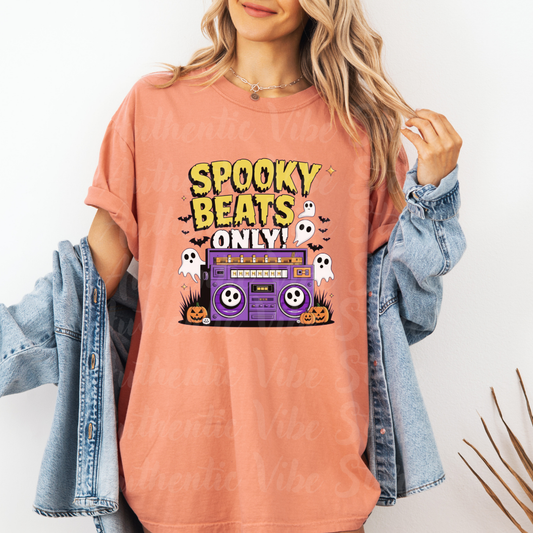 Spooky Beats Only T-Shirt, Halloween Graphic Tee, Retro Boombox Shirt, Ghosts and Pumpkins Design, Fun Holiday Apparel