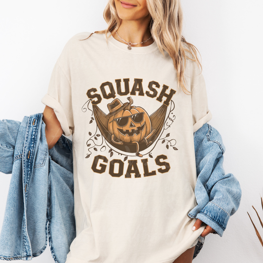 Funny Squash Goals Pumpkin T-Shirt, Halloween Humor Graphic Tee for Autumn, Cool Pumpkin with Sunglasses Shirt