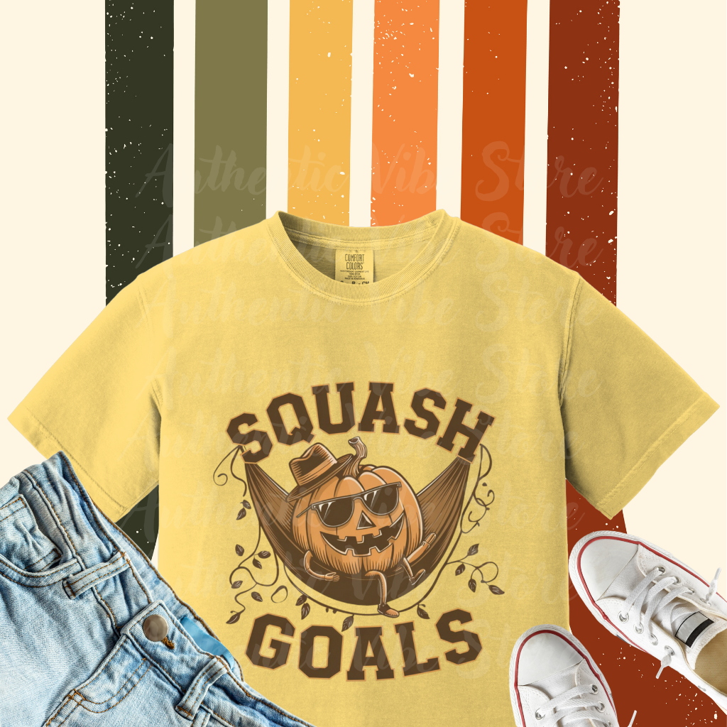 Funny Squash Goals Pumpkin T-Shirt, Halloween Humor Graphic Tee for Autumn, Cool Pumpkin with Sunglasses Shirt