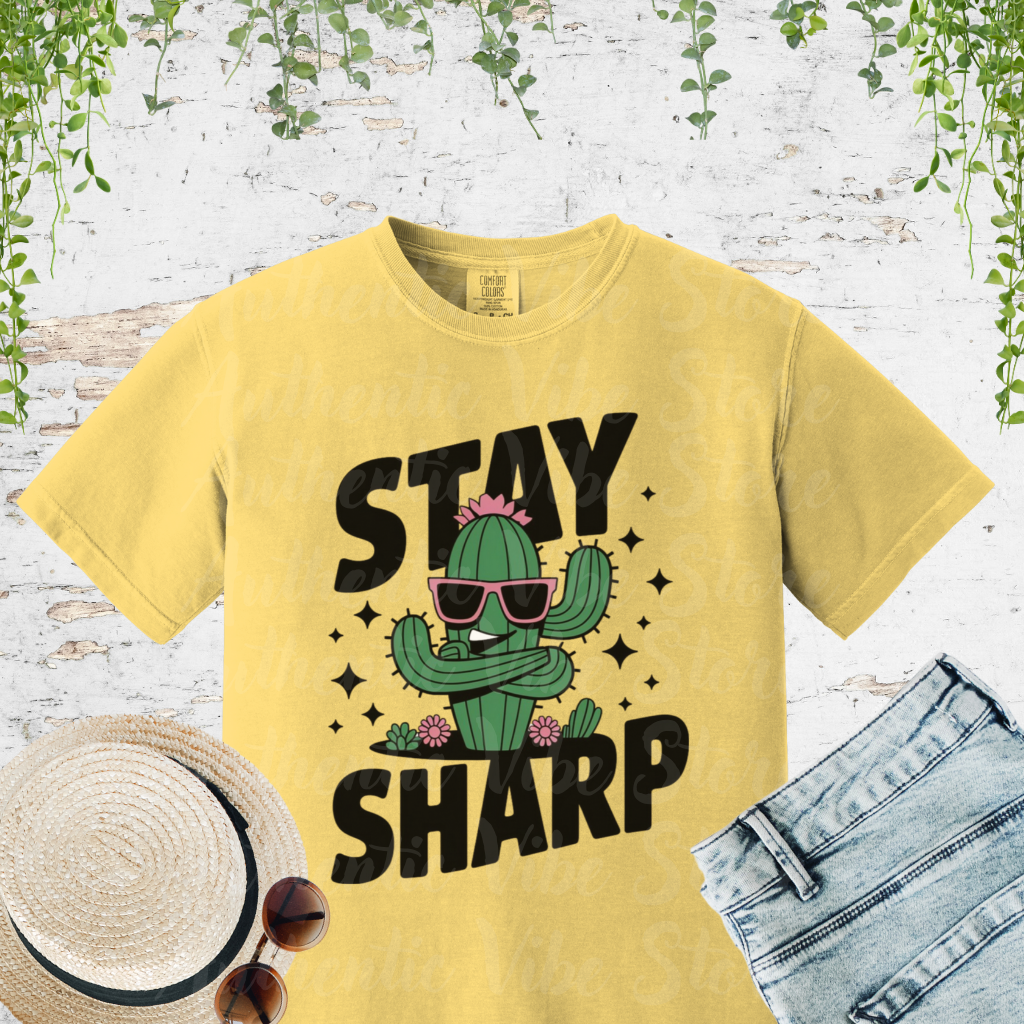 Funny Cactus T-Shirt, Stay Sharp Graphic Tee, Cool Cactus Shirt, Cactus Wearing Sunglasses, Unique Cactus Gift, Trendy T-Shirt  Garment-Dyed T-shirt