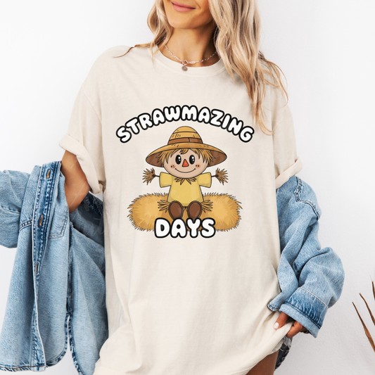 Cute Scarecrow Strawmazing Days Graphic Tee, Fun Fall Harvest T-shirt, Adorable Halloween Autumn Top, Farmer Theme Shirt