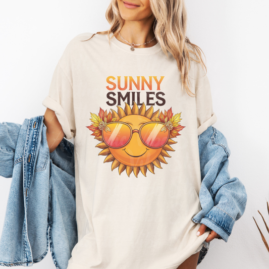 Cute Sunny Smiles T-shirt, Adorable Sun with Glasses Tee, Colorful Autumn Leaves Design, Cheerful Graphic Shirt, Fun Casual Wear