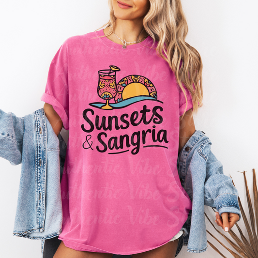 Sunsets and Sangria Graphic Tee, Fun Summer Beach Shirt, Vacation Vibes T-Shirt, Relaxed Fit Casual Top, Unique Gift Idea