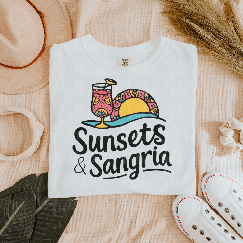 Sunsets and Sangria Graphic Tee, Fun Summer Beach Shirt, Vacation Vibes T-Shirt, Relaxed Fit Casual Top, Unique Gift Idea