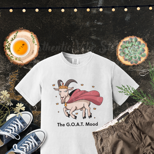 Funny Goat Graphic T-Shirt, G.O.A.T Mood Shirt, Cute Animal Tee, Crowned Goat with Cape, Trendy Casual Top, Unique Gift for Animal Lovers