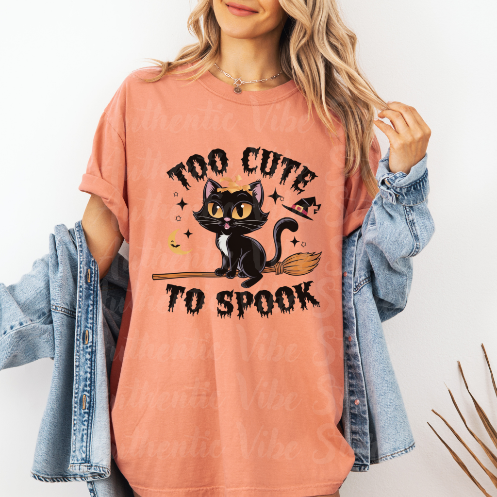 Halloween Cat T-Shirt, Too Cute To Spook, Black Cat Witch Costume, Cute Halloween Shirt, Funny Witchy Tee, Spooky Season Apparel