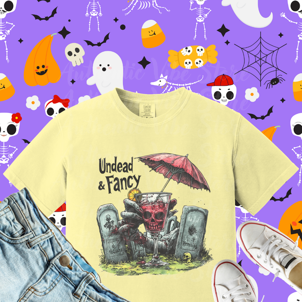 Undead and Fancy T-Shirt, Spooky Ghost Drink Tee, Halloween Party Shirt, Creepy Cocktail Design, Funny Skeleton Hand T-Shirt