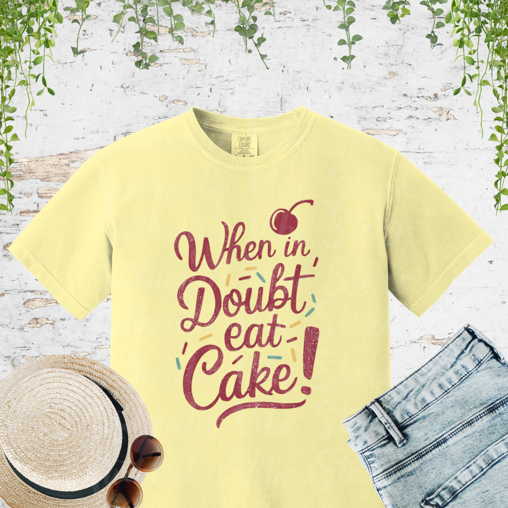 Funny Foodie Graphic Tee, When In Doubt Eat Cake T-Shirt, Cute Dessert Lover Shirt, Unique Gift for Bakers, Cherry Cake Design Garment-Dyed T-shirt