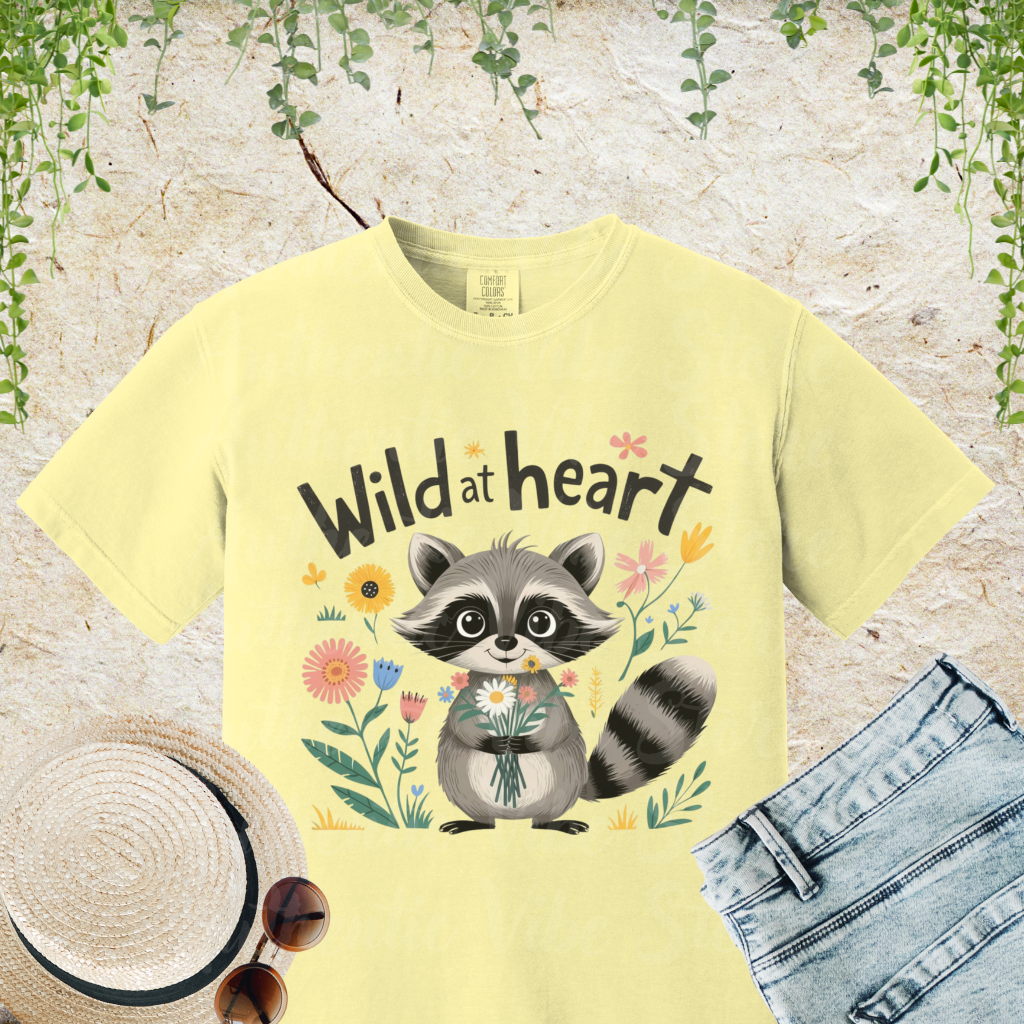 Cute Raccoon Wild at Heart T-Shirt, Adorable Animal Graphic Tee, Floral Raccoon Shirt, Trendy Casual Outfit, Gift for Nature Lovers