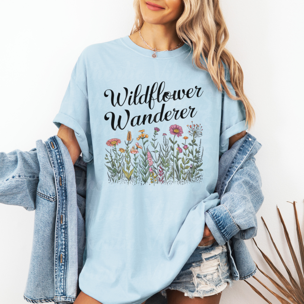 Wildflower Wanderer Graphic Tee, Botanical Floral Design T-Shirt, Nature Lover Gift Shirt, Minimalist Wildflower Tee, Outdoor Adventure Garment-Dyed T-shirt