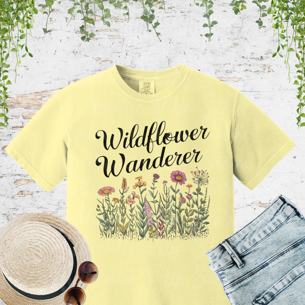 Wildflower Wanderer Graphic Tee, Botanical Floral Design T-Shirt, Nature Lover Gift Shirt, Minimalist Wildflower Tee, Outdoor Adventure Garment-Dyed T-shirt