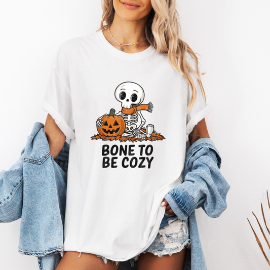 Cute Skeleton Halloween T-Shirt, Bone to Be Cozy Funny Pumpkin Tee, Cozy Halloween Shirt, Cute Fall Outfit, Halloween Party Wear