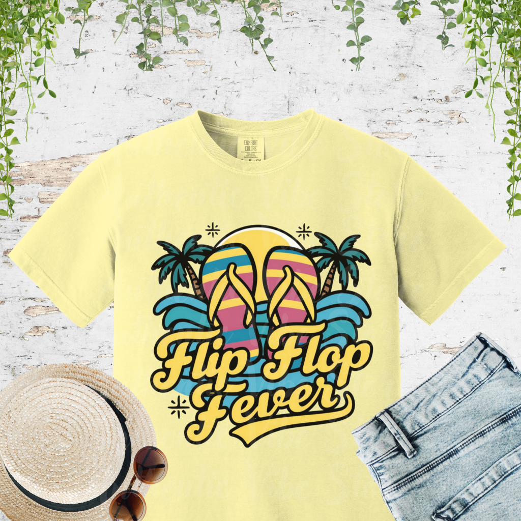 Retro Flip Flop Fever T-Shirt, Summer Vibes Beach Lovers Tee, Fun Tropical Vacation Shirt, Casual Graphic Print Top