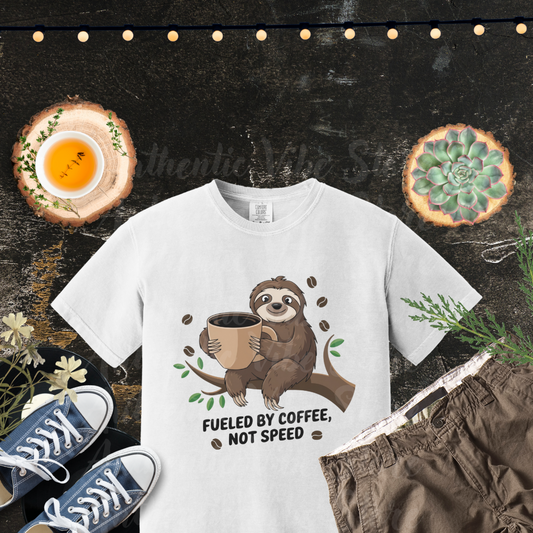 Funny Sloth Coffee T-Shirt, Fueled By Coffee Not Speed Shirt, Cute Sloth Lover Gift, Coffee Enthusiast Tee, Sloth Drinking Coffee